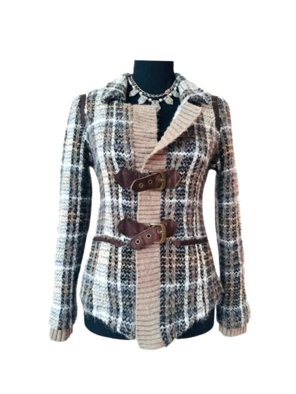 FREE PEOPLE ~ Brown Plaid Knit/Tweed Shacket with Buckle Details size 6